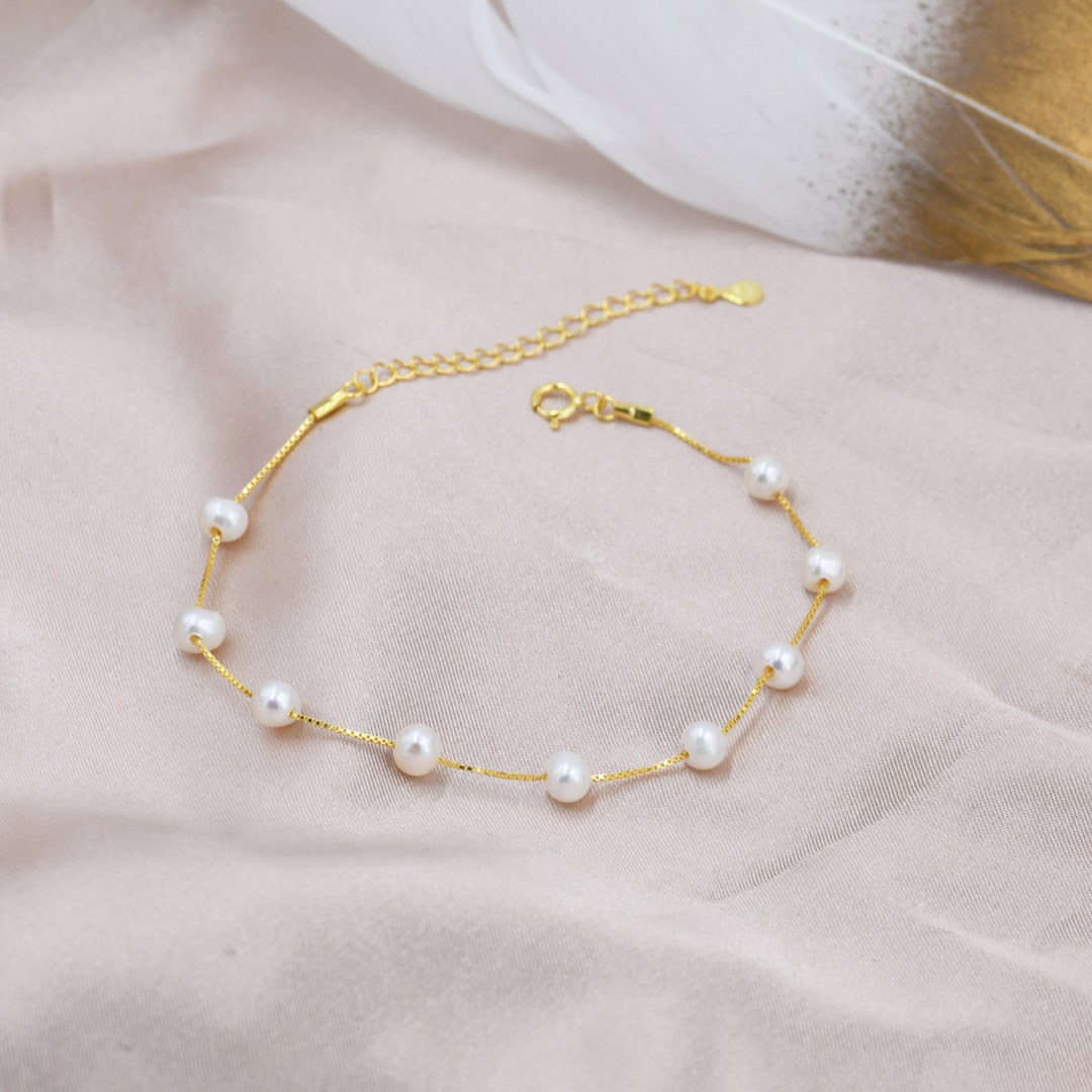 Sterling Silver Freshwater Pearl Bracelet, Silver or Gold, Genuine Fresh  Water Pearls, Natural Pearl Bracelet, Ivory Pearls, Satellite Chain - Etsy