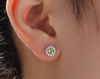 Genuine Peridot Crystal Stud Earrings in Sterling Silver, Natural Green Peridot Stud Earrings, August Birthstone