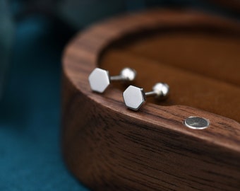 Tiny Hexagon Barbell Earrings in Sterling Silver, Silver or Gold, Screw Back Black Hexagon Earrings, Screwback Earrings