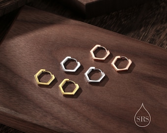 Hexagon Huggie Hoop in Sterling Silber, Geometrische Creolen, Silber, Gold oder Roségold, 10mm Pentagon Hoop Ohrringe, Minimalist Creolen