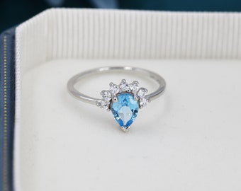 Genuine Pear Cut Swiss Blue Topaz Crown Ring in Sterling Silver, Natural Blue Topaz Crystal Ring, Vintage Inspired Design, US 5 - 8