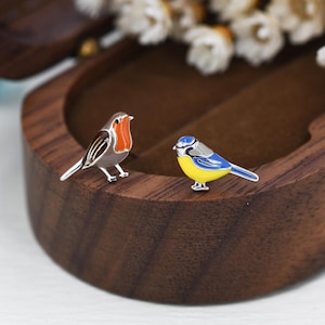 Mismatched Robin Bird and  Blue Tit Bird Stud Earrings in Sterling Silver, Asymmetric Enamel Bird Earrings, Silver or Gold