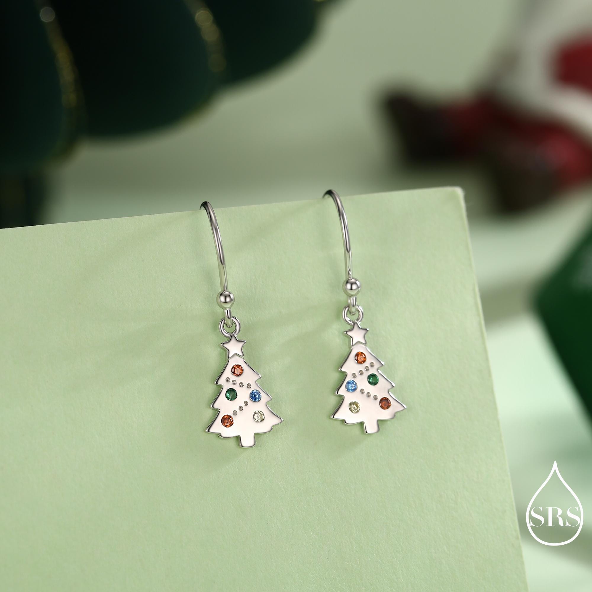 Dainty Christmas Tree Charm Hoop Earrings in Sterling Silver, Silver, – Silver Rain Silver