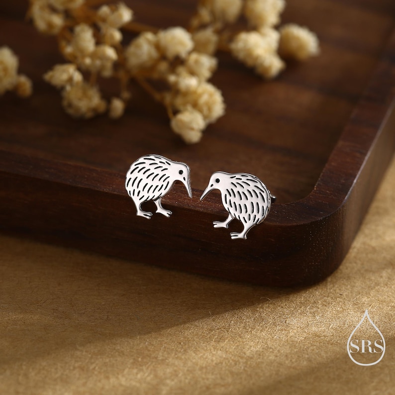 May include: A pair of silver-colored stud earrings shaped like kiwi birds. The earrings have a detailed design with a textured body and a long beak. The earrings are displayed on a dark wooden surface.