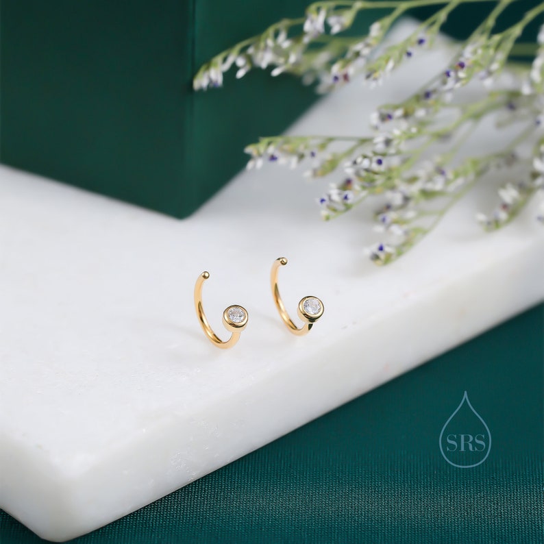 2mm Diamond CZ Huggie Hoop Earrings in Sterling Silver, Silver, or Gold, Half Hoop, Open Hoop, Pull Through, Dainty Earrings image 7