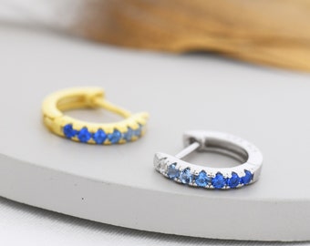 Sapphire Blue Ombre CZ Huggie Hoops in Sterling Silver, Silver or Gold, Minimalist Hoop Earrings, 8mm Hoops, cartilage hoops, Gradient