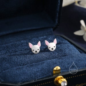 Orecchini a bottone in argento sterling a forma di piccolo chihuahua, smalto dipinto a mano, orecchini in argento sterling a forma di chihuahua, orecchini per animali domestici