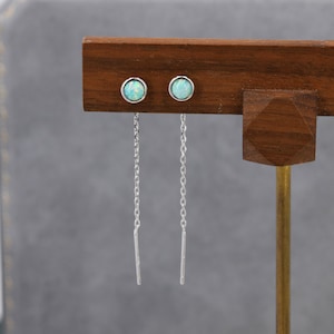 Pendientes de ópalo verde agua de 4 mm en plata de ley, con forma de punto, para enhebrar, de laboratorio, en plata u oro, con cadena de ópalo.