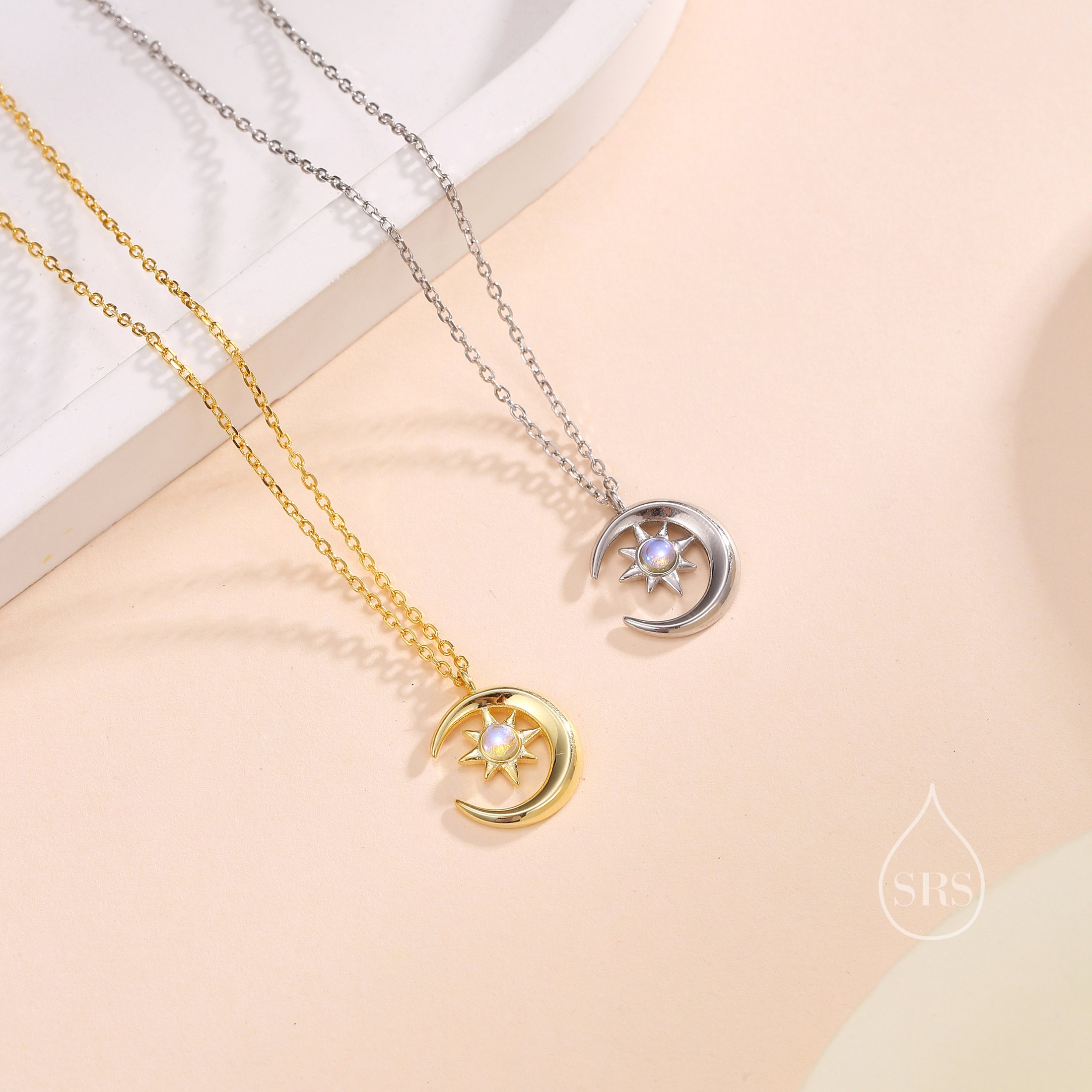 Moonstone Moon and Star Pendant Necklace in Sterling Silver