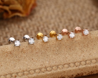 Brilliant Cut 4mm Moissanite 16G Flat Back Labret Earrings in Sterling Silver