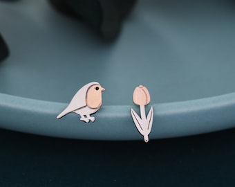 Mismatched Robin Bird and Tulip Flower Stud Earrings in Sterling Silver, Asymmetric Bird and Flower Earrings