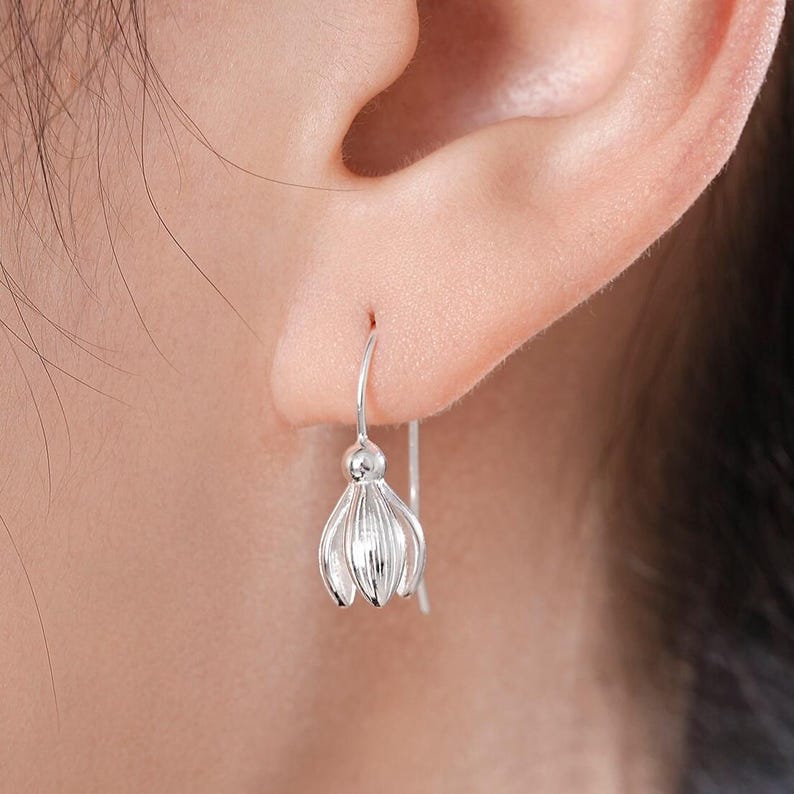 Delicate Snowdrop Flower Drop Earrings in Sterling Silver, Silver and Gold, Nature Inspired Flower Earrings, January Birth Flower, Botanical image 6