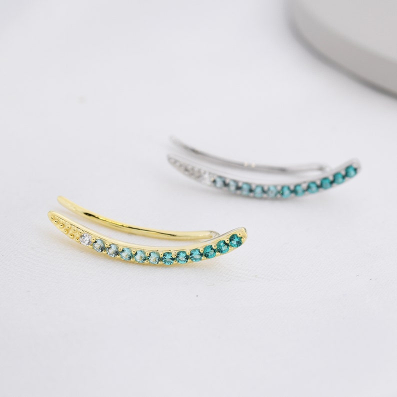 Ombre Emerald Green CZ Crawler Earrings in Sterling Silver, Silver or Gold, Gradient Colour Ear Crawlers, May Birthstone Ear Climbers image 5