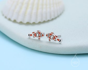 Enamel Clownfish Stud Earrings in Sterling Silver,  Fish Earrings, Tiny Fish Earrings, Tiny Tropical Fish Stud