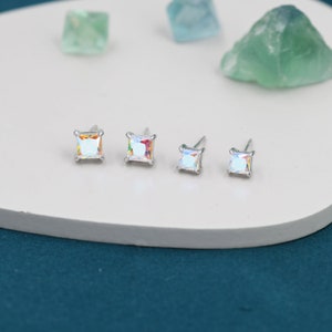Princess Cut AB Crystal Stud Earrings in Sterling Silver,  Square Cut Aurora Crystal Earrings, Rainbow CZ