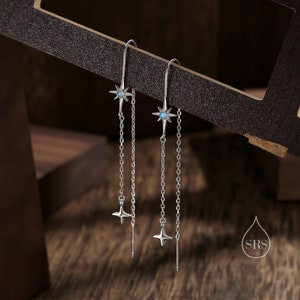 Opal Starburst and Star U Shape Threader Earrings in Sterling Silver, Silver or Gold or rose gold , North Star Ear Threaders