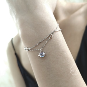 Dubbellaagse armband planeet en ster in sterlingzilver, armband Saturnus en ster, armband planeet
