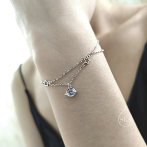 Double Layer Planet and Star Bracelet in Sterling Silver, Saturn and Star Bracelet, Planet Bracelet image 1