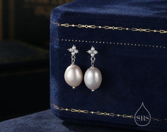 Genuine Baroque Pearl and Hydrangea Flower CZ Drop Earrings in Sterling Silver, Silver or Gold, Delicate Keshi Pearl Earrings, Genuine Pearl