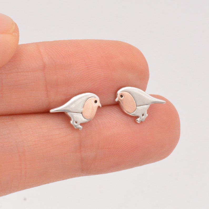 Robin Stud Earrings in Sterling Silver, Silver Bird Earrings, Silver and Rose Gold, Nature Inspired zdjęcie 2