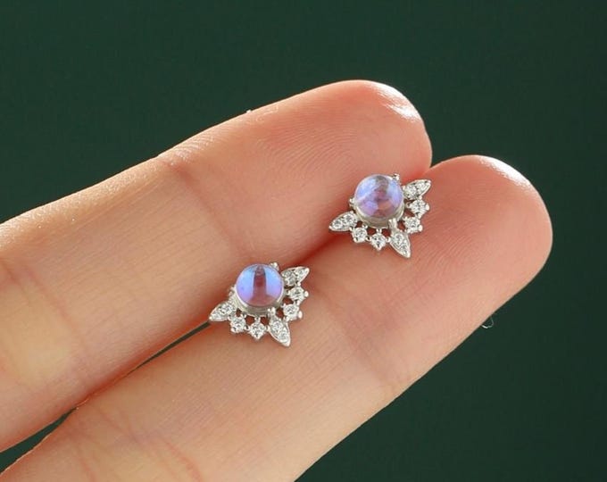 Vintage Inspired Moonstone Flower CZ Stud Earrings, Lab Moonstone Halo CZ Earrings, Simulated Moonstone Earrings