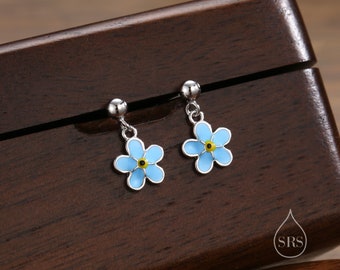 Sterling Silver Enamel Forget-me-not Flower Drop Stud Earrings, Dainty Dangle Forget Me Not Flower Earrings