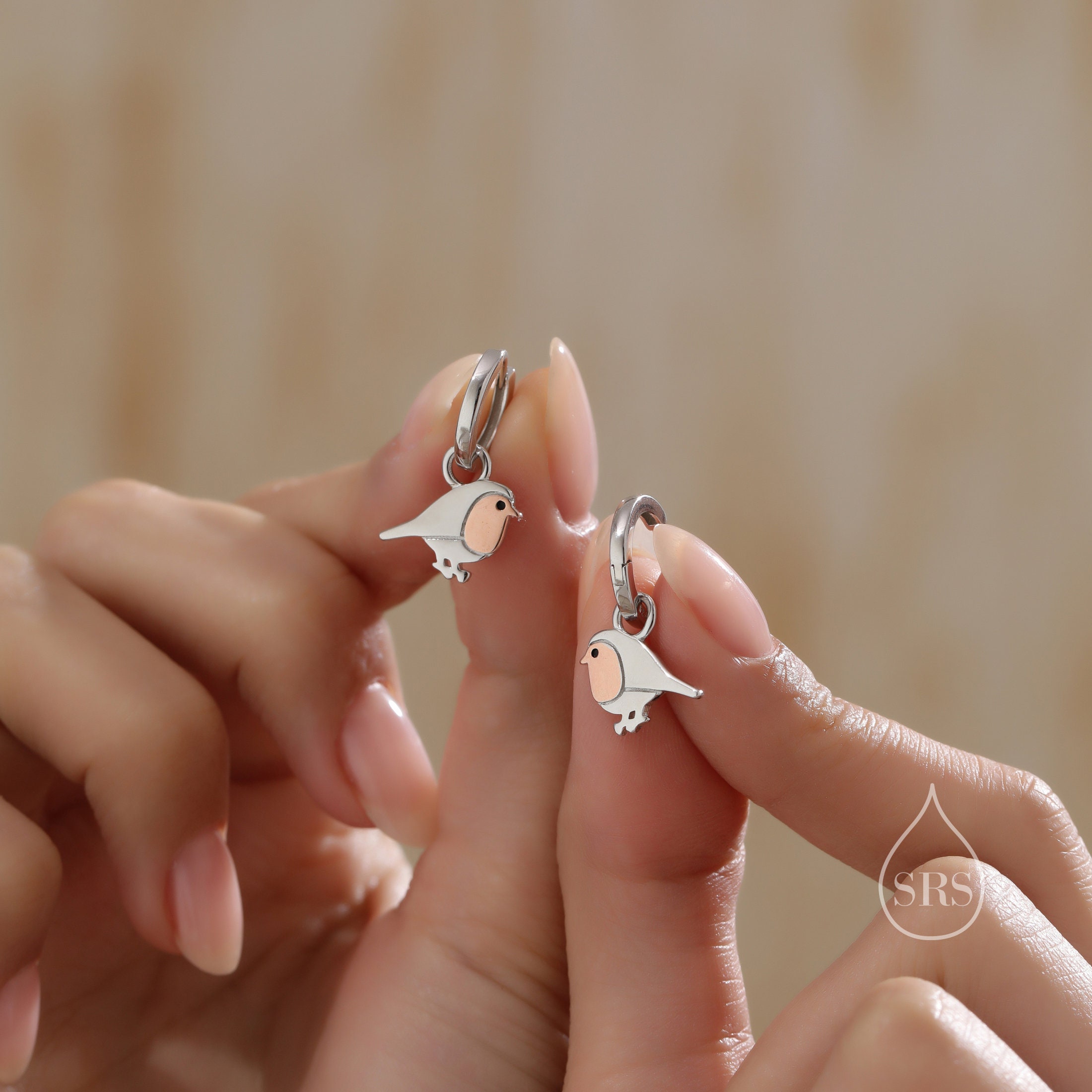 Orecchini a bottone in argento sterling con pettirosso in oro rosa - Italia