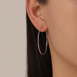 May include: A close-up of a silver hoop earring. The earring is a simple, thin, circular design. The earring is worn on the ear of a person with dark hair.