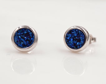 Sterling Silver Genuine Druzy Stone Crystal Stud Earrings. Round Minimalist Dot Geometric Design. Blue Druzy Quartz Crystal