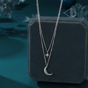 Double Layer Crescent Moon and Star Pendant Necklace in Sterling Silver ...