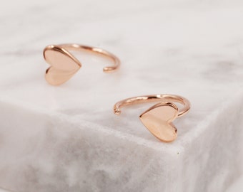 Tiny Heart Huggie Hoop Earrings in Sterling Silver, Silver, Gold or Rose Gold, Dainty Little Heart Open Threader, Threader Hoop Earrings