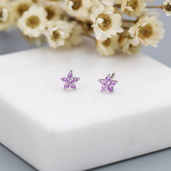 Tiny Pink CZ Flower Stud Earrings in Sterling Silver, Silver