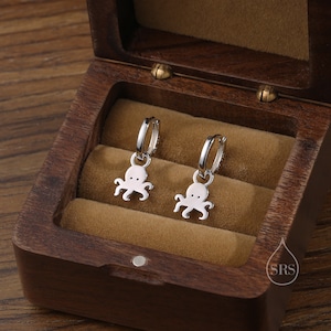 Sterling Silver Cute Octopus Dangle Huggie Hoop Earrings, Detachable Octopus Hoop Earrings, Dainty Dangle Earrings, Fish Earrings