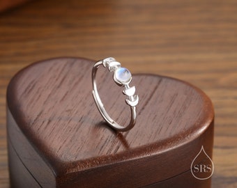 Sterling Silver Moon Phase Ring with Simulated Moonstone, Adjustable Size, Celestial Jewellery, Dainty and Delicate, Moon Ring