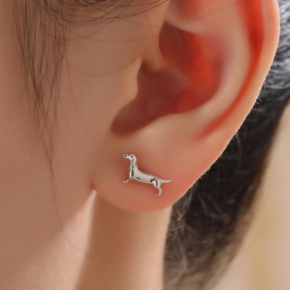 Orecchini a bottone in argento sterling e oro rosa 18 carati con bassotto 3D (non restituibili) - Italia