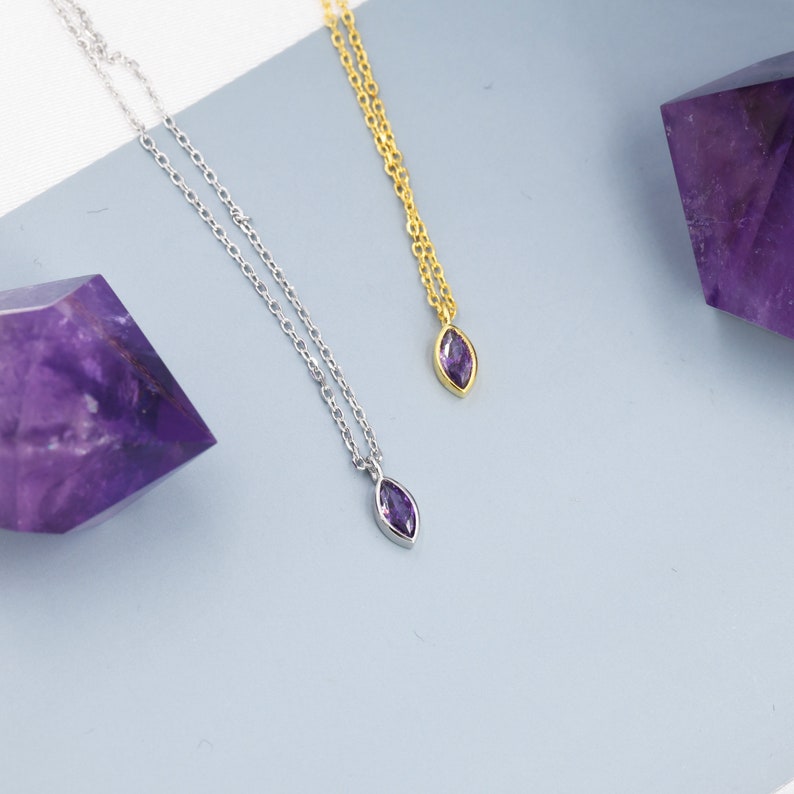 Extra Tiny Amethyst Purple Marquise CZ Necklace in Sterling Silver, Silver or Gold, Single Marquise Necklace image 5