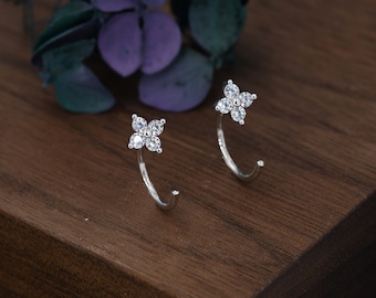 CZ Hydrangea Flower Huggie Hoop Earrings in Sterling Silver, Tiny CZ Trio Open Hoops, Pull Through Threaders, Half Hoops