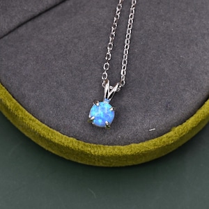 Tiny Blue Opal Pendant Necklace in Sterling Silver, 5mm Lab Opal Necklace,  Single Opal Necklace, Fire Opal Necklace