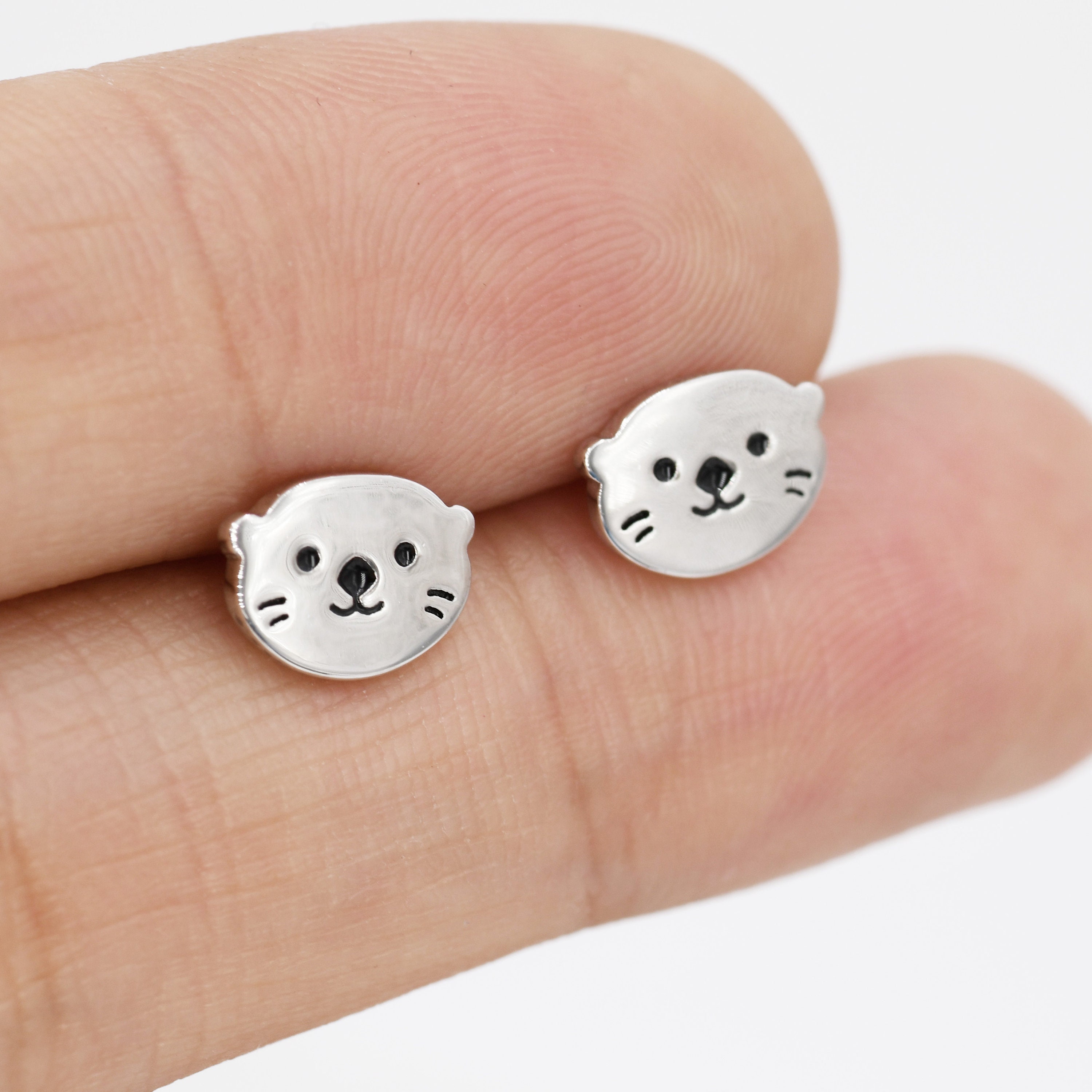Very Tiny Otter Stud Earrings In Sterling Silver - Silver, Gold Or Ros Gold Finish Cute Animal Earrings Fun Whimsical Earrings 1773328512