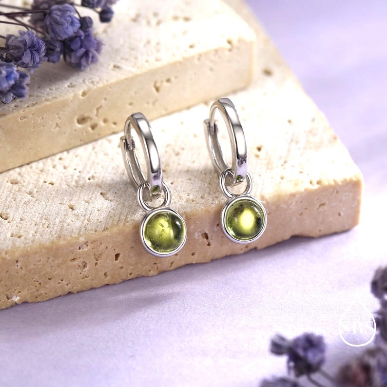 Genuine Peridot Hoop Earrings in Sterling Silver, Detachable Green Peridot Coin Dangle Hoop Earrings, Interchangeable, August Birthstone image 6