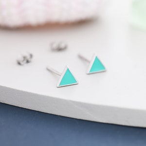 Sterling Silver Tiny Little Teal (Turquoise) Blue Triangle Stud Earrings, Minimalist Geometric Jewellery, Simple Studs