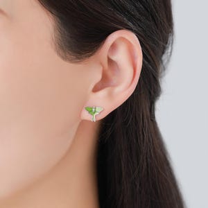 Lunar Moth Enamel Screw Back / Flat Back / Stud Earrings in Sterling Silver, Green Enamel Butterfly Earrings, Nature-Inspired Animal Earring