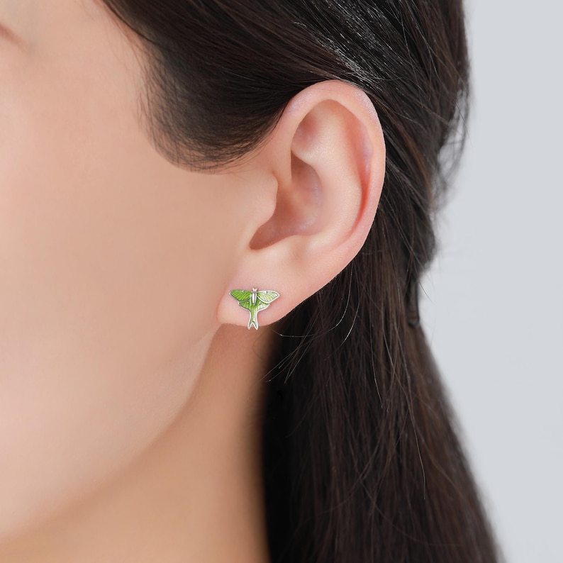 Lunar Moth Enamel Screw Back / Flat Back / Stud Earrings in Sterling Silver, Green Enamel Butterfly Earrings, Nature-Inspired Animal Earring