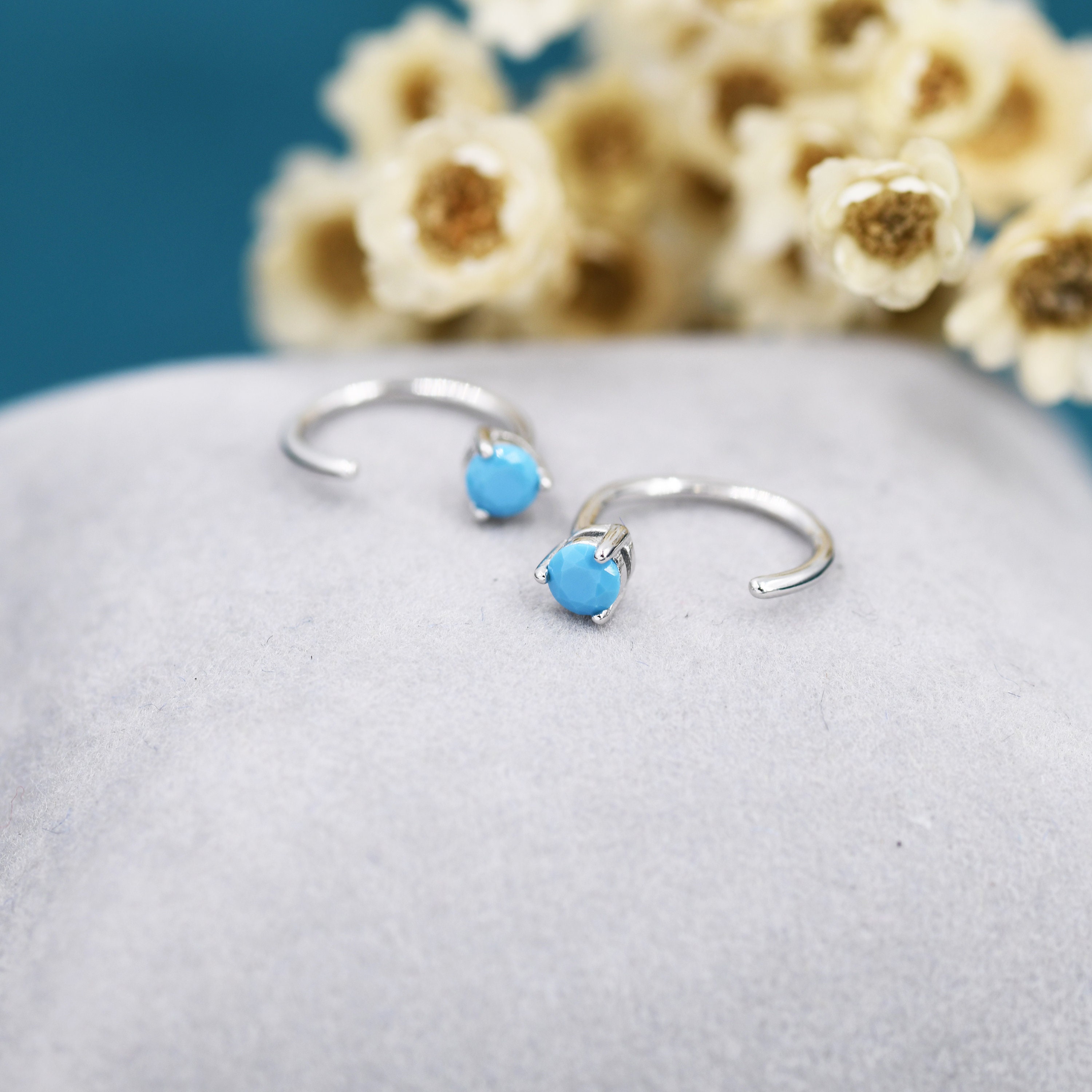 Orecchini A Cerchio Huggie In Argento 925 Con Turchese Blu 9mm - Piccoli Cerchi Riempiti, Gioielli In Oro Caricato, Eleganti E Resistenti - 2