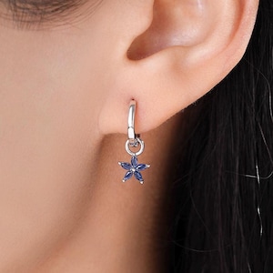 Sapphire Blue Flower CZ Huggie Hoop in Sterling Silver, Silver or Gold, Minimalist Simple Hoop Earrings, Detachable and Interchangeable
