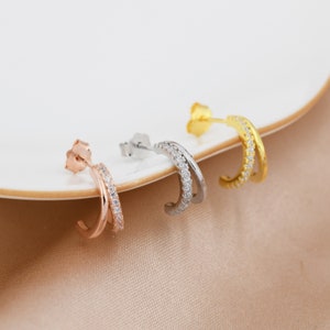 Double Hoop Effect Earrings in Sterling Silver, CZ Pave Hoop Earrings, Silver, Gold, Rose Gold, Dainty and Delicate image 7