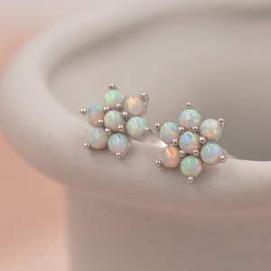 Opal Flower Stud Earrings in Sterling Silver - Gold or Silver - Opal Snowflake - 7 Opal Cluster - Petite Stud Earrings