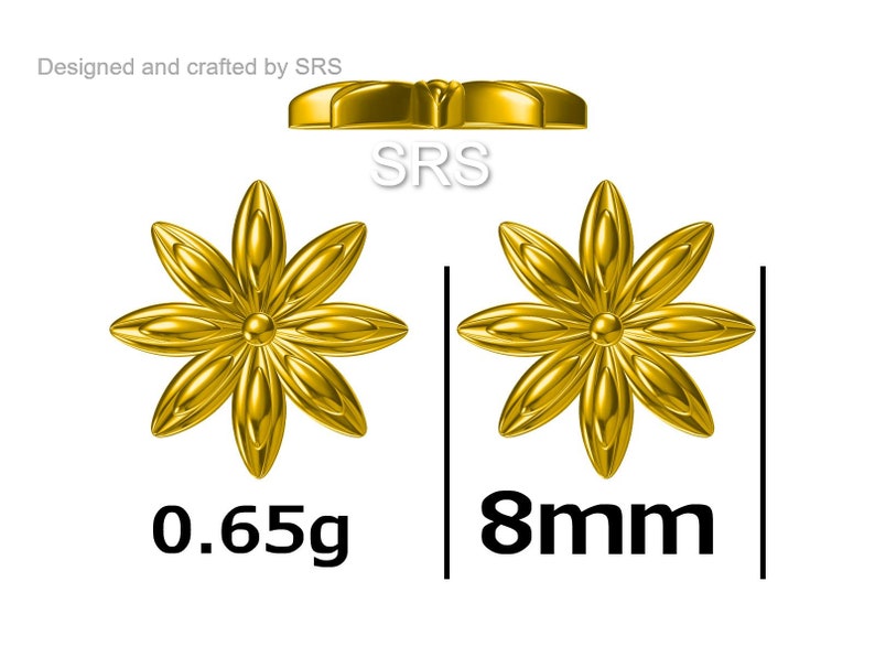 May include: A pair of gold-colored flower-shaped earrings. Each earring is 8 mm in diameter and weighs 0.65 grams. The earrings are designed and crafted by SRS.