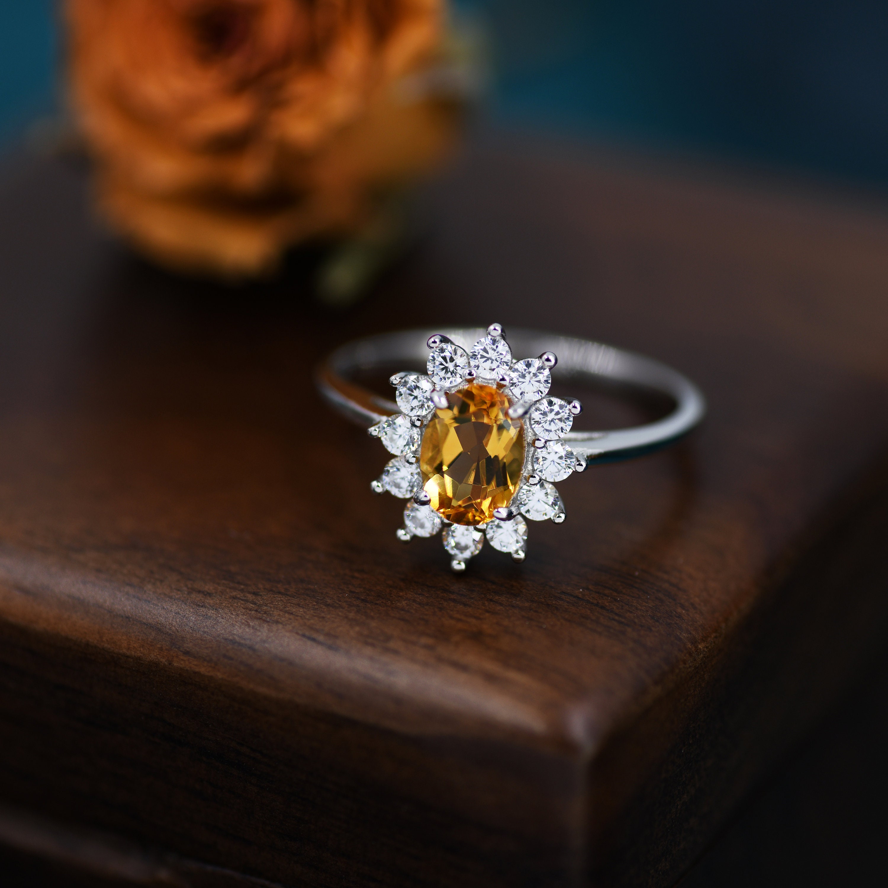 Genuine Citrine and CZ Halo Ring in Sterling Silver, Natural Citrine ...
