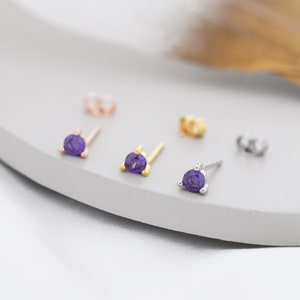 Sterling Silver Amethyst Purple Stud Earrings,  3mm February Birthstone CZ Earrings, Three Prong, Silver, Gold or Rose Gold